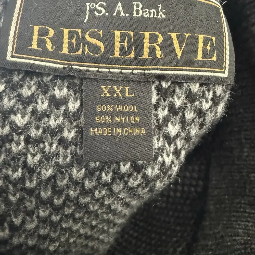 Jos A Bank Reserve Full-Zip Sweater Men XXL Black Gray Mock Neck Knit Wool Nylon